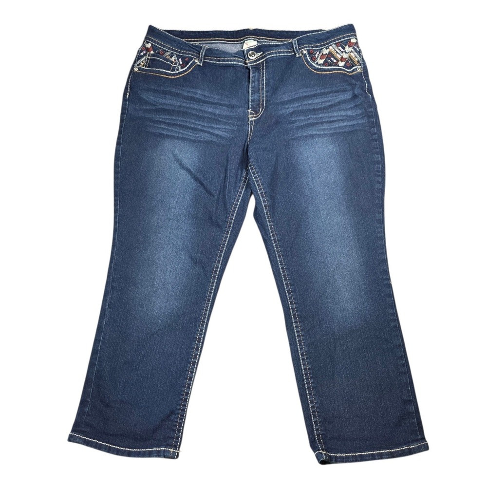 Faded Glory Womens Embroidered Capri Jeans Dark Wash Stretch Cropped Denim 20W